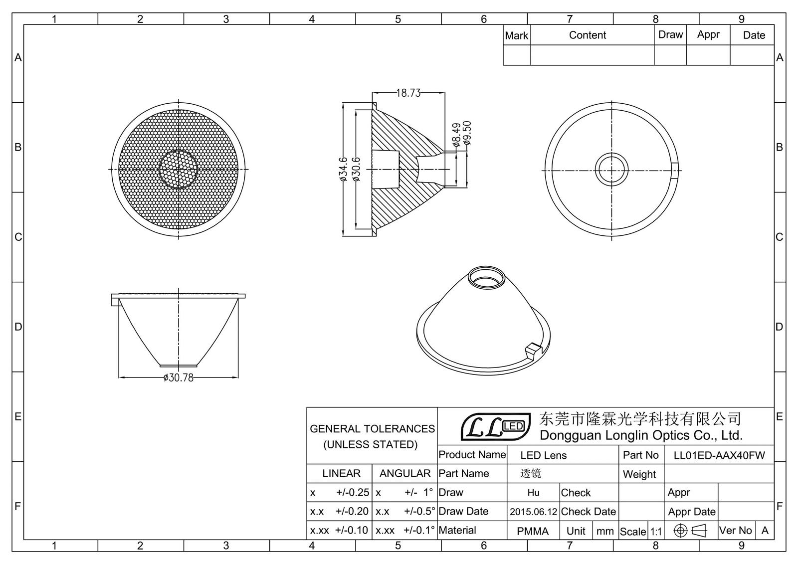 LL01ED-AAX40FW COB透鏡產(chǎn)品規(guī)格圖